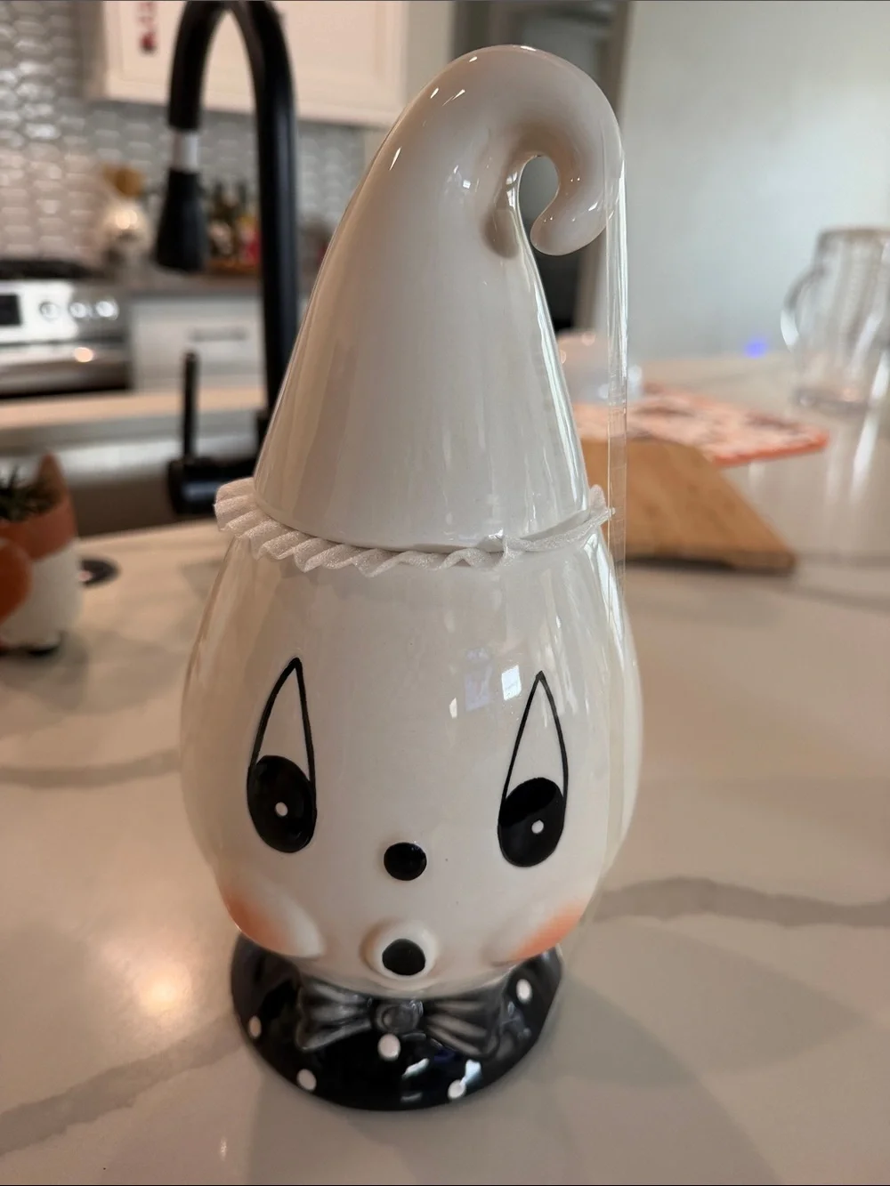 White Ceramic Ghost Treat Jar with Black Accent